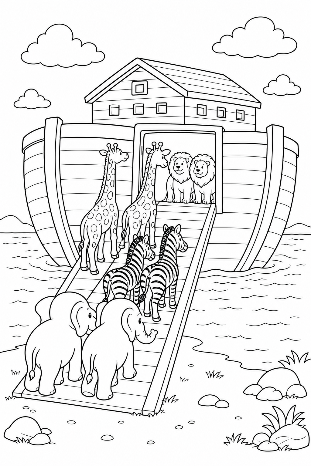 noah's ark with pairs of animals boarding coloring page
