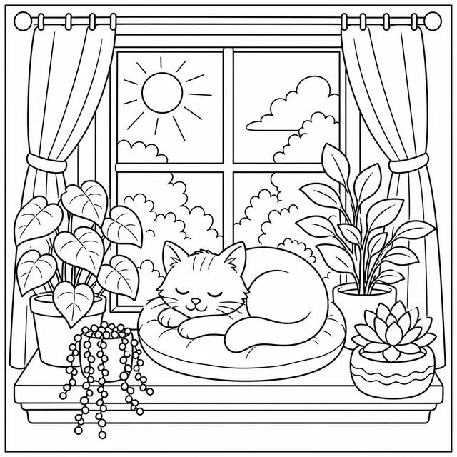 a cat sleeping in a sunny window with plants coloring page