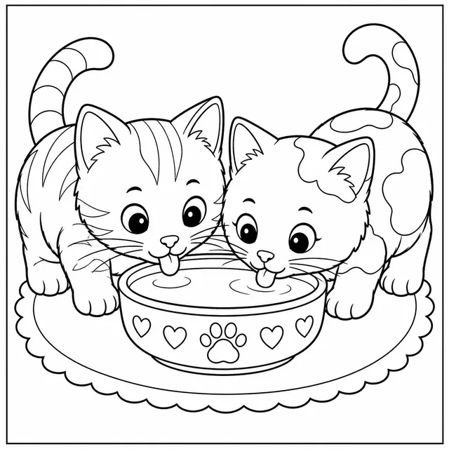 two kittens sharing a bowl of milk coloring page