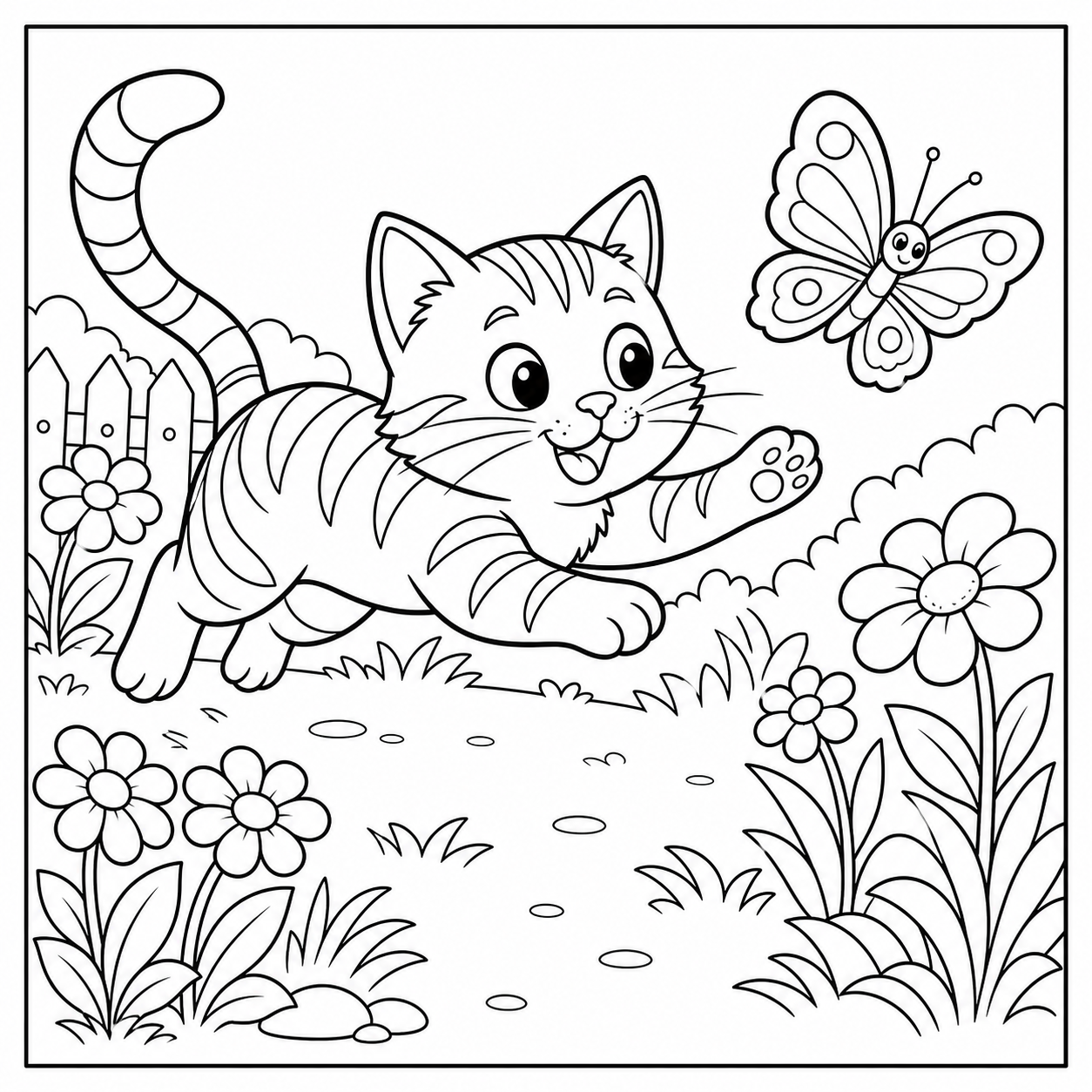 a tabby cat chasing a butterfly in a garden coloring page
