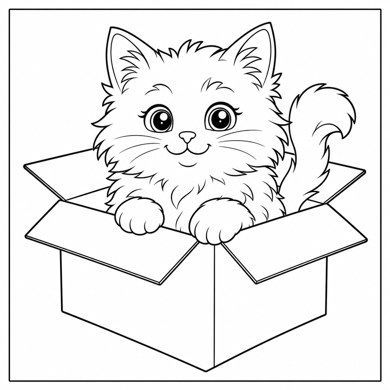 a fluffy cat peeking out of a cardboard box coloring page