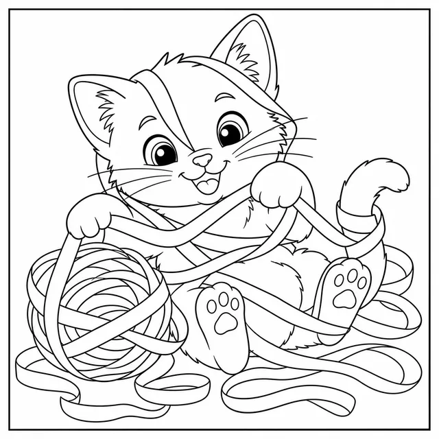 a kitten tangled in a ball of ribbon coloring page