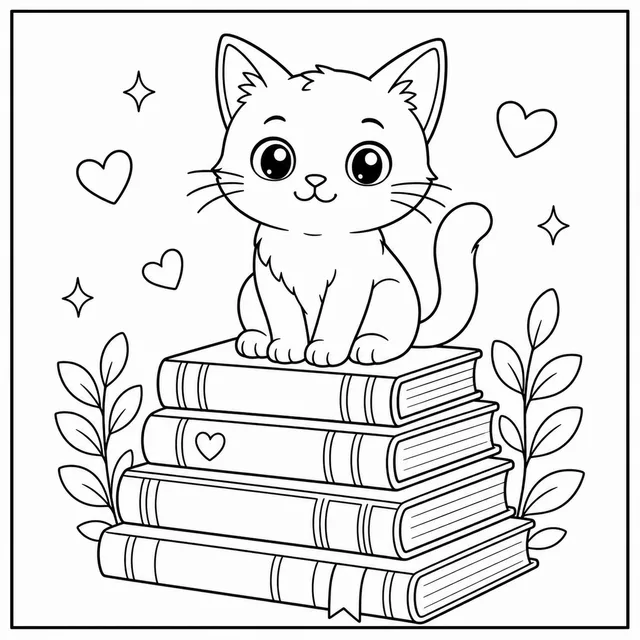 a cat sitting on a stack of books coloring page