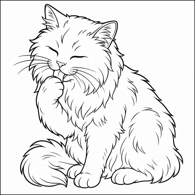 a long-haired cat grooming its paw coloring page