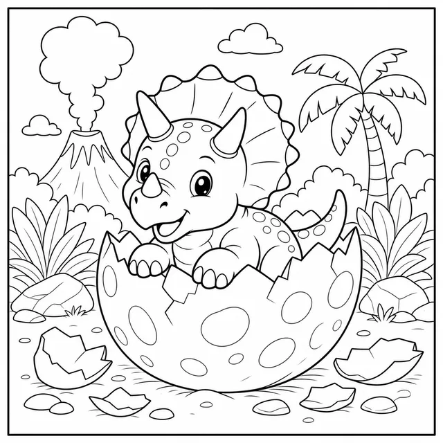 a baby triceratops hatching from an egg coloring page