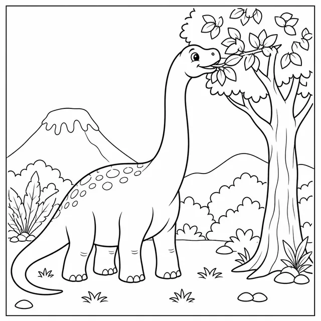 a long-necked brachiosaurus eating leaves from a tall tree coloring page