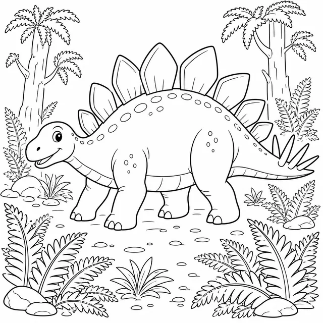 a stegosaurus walking through a fern forest coloring page