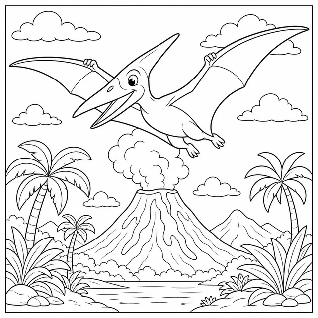 a pteranodon gliding over a volcano coloring page