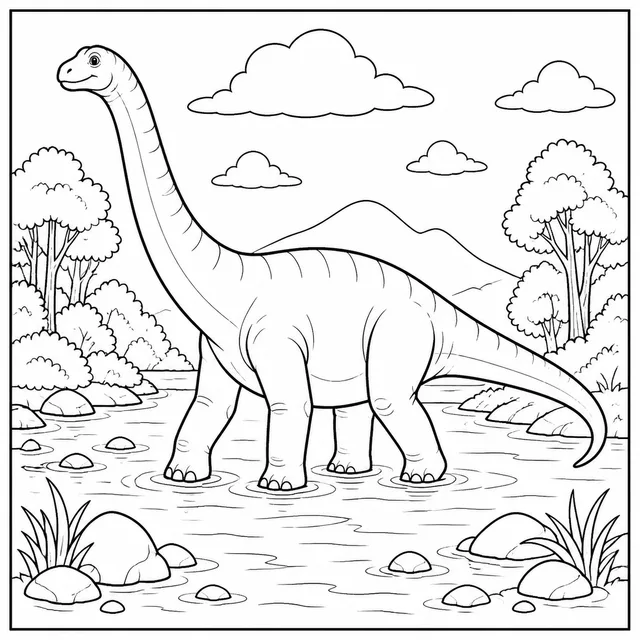 a diplodocus crossing a shallow river coloring page