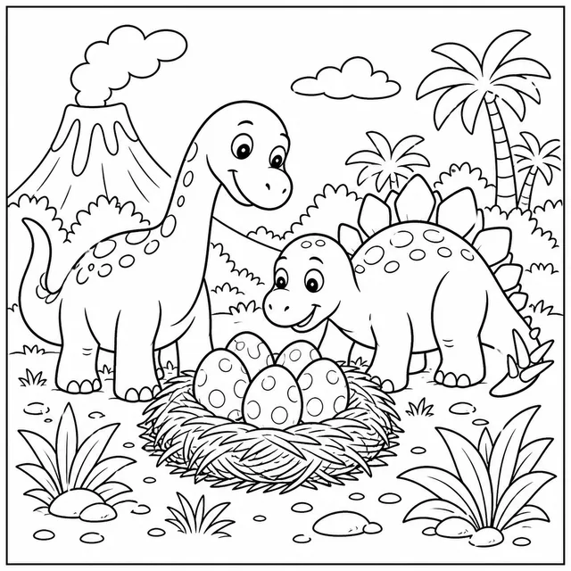 two dinosaurs sharing a nest of eggs coloring page