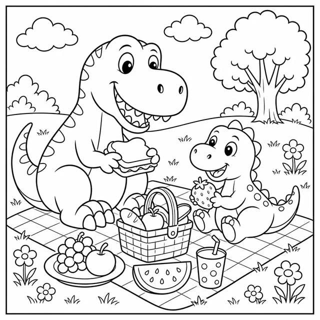 a T-Rex and a baby dino having a picnic coloring page