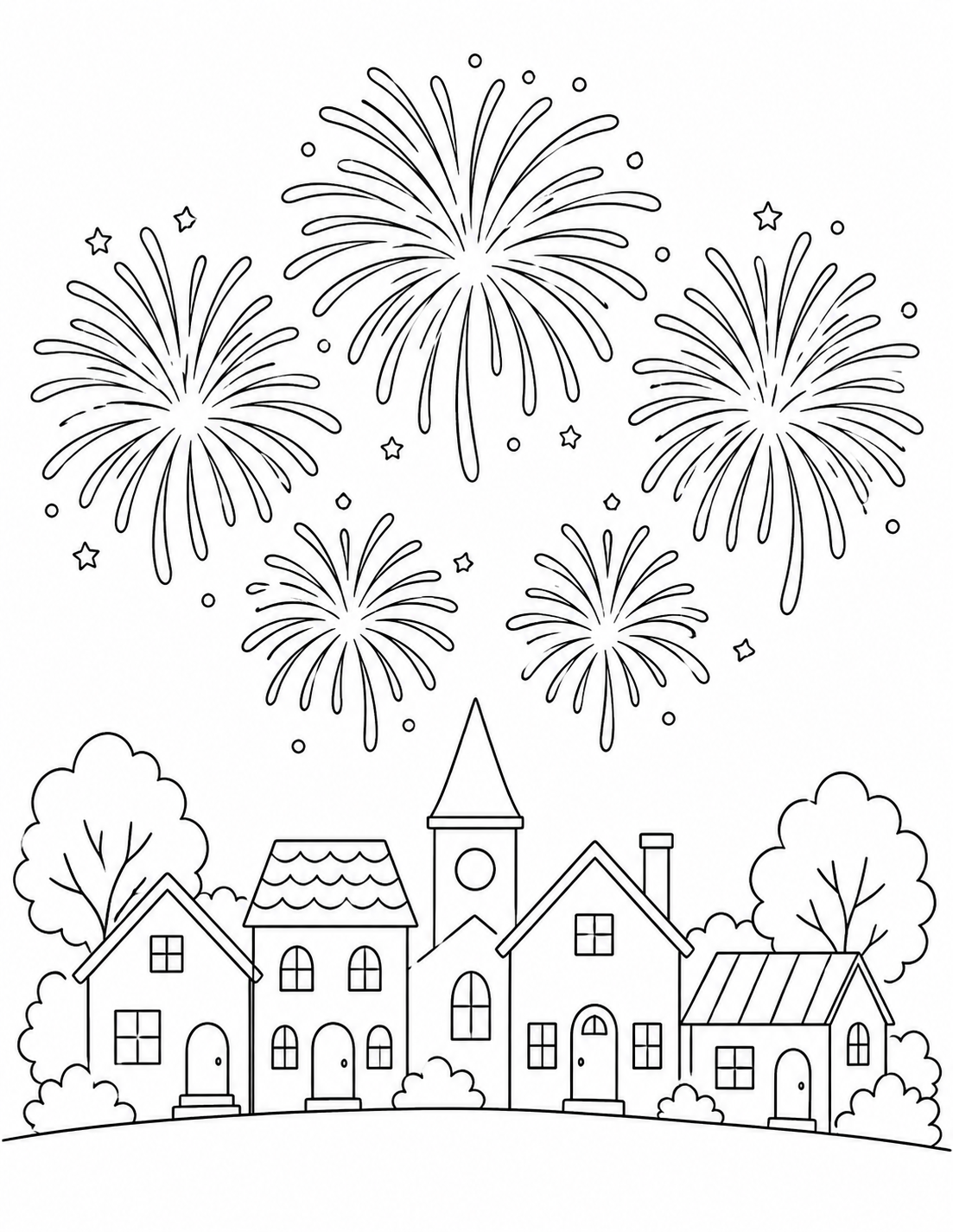 fireworks bursting over a simple town coloring page