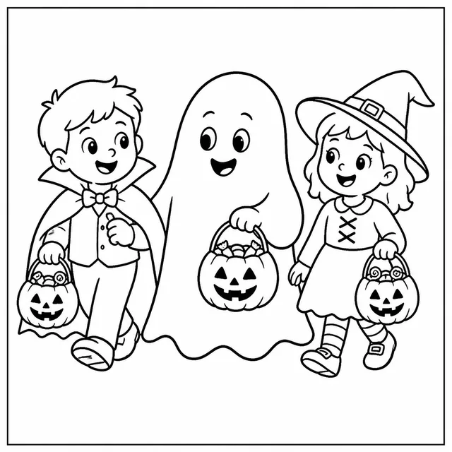 a friendly ghost trick-or-treating with two kids in simple costumes coloring page