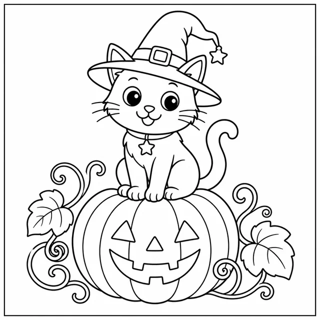 a kitten in a witch hat sitting on a pumpkin coloring page