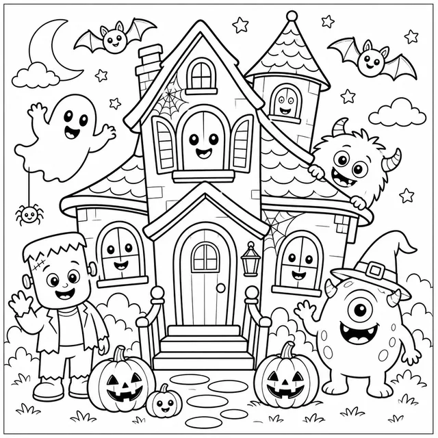 a haunted house with silly friendly monsters coloring page