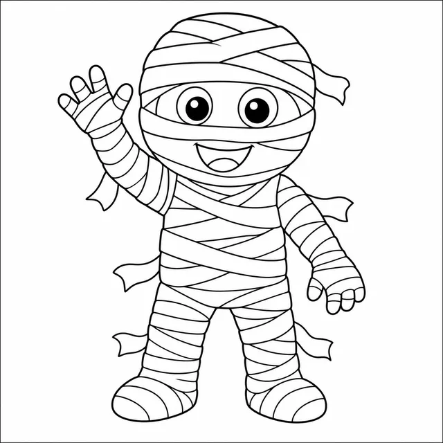 a cute mummy waving with loose bandages coloring page