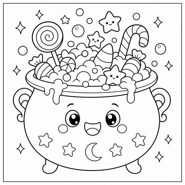 a cauldron bubbling with candy and stars coloring page