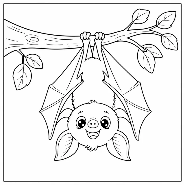a friendly bat hanging from a tree branch coloring page