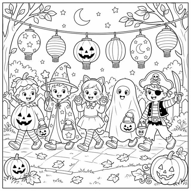 kids in costumes walking past paper lanterns coloring page