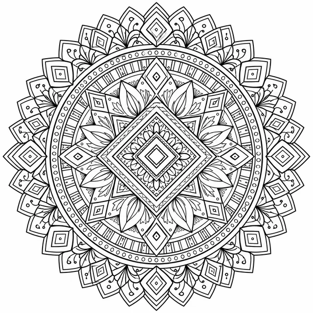 a geometric mandala with diamonds and rings coloring page