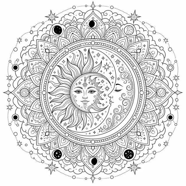 a sun and moon mandala with celestial details coloring page