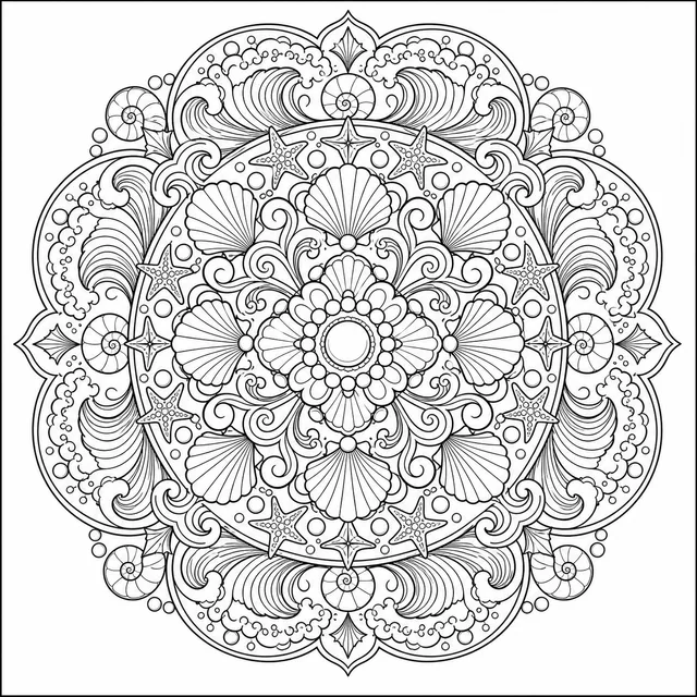 an ocean mandala with waves shells and pearls coloring page