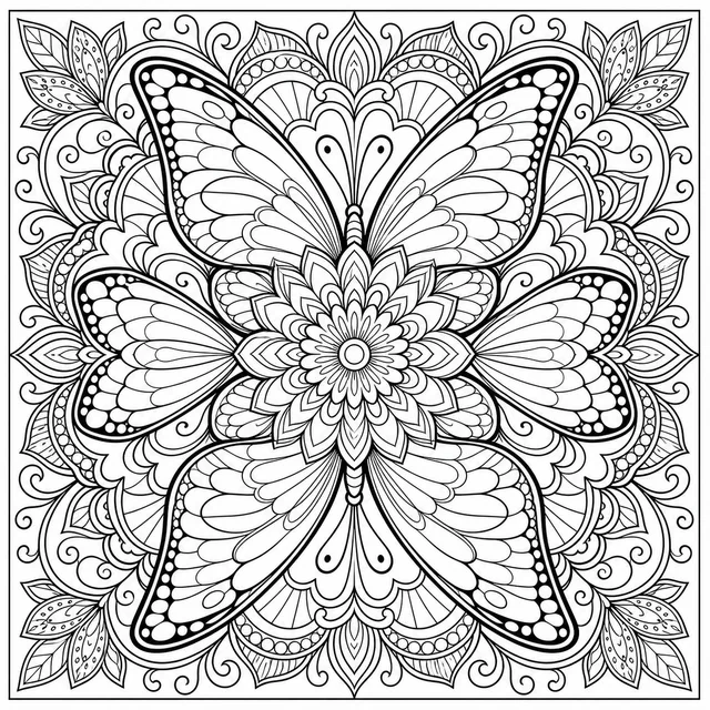 a butterfly wing mandala with mirrored patterns coloring page