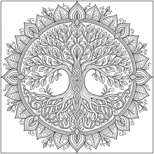 a tree of life mandala with roots and leaves coloring page