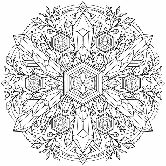 a crystal mandala with hexagonal facets coloring page