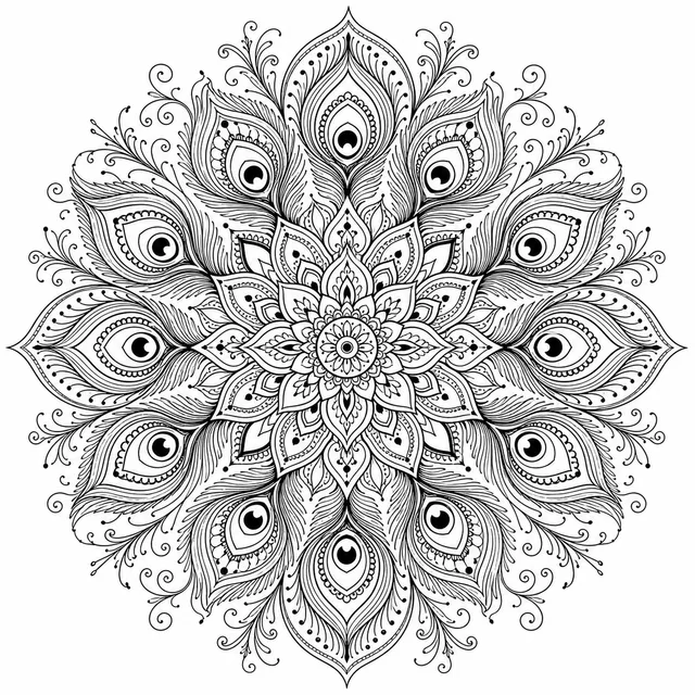 a peacock feather mandala with eye motifs coloring page