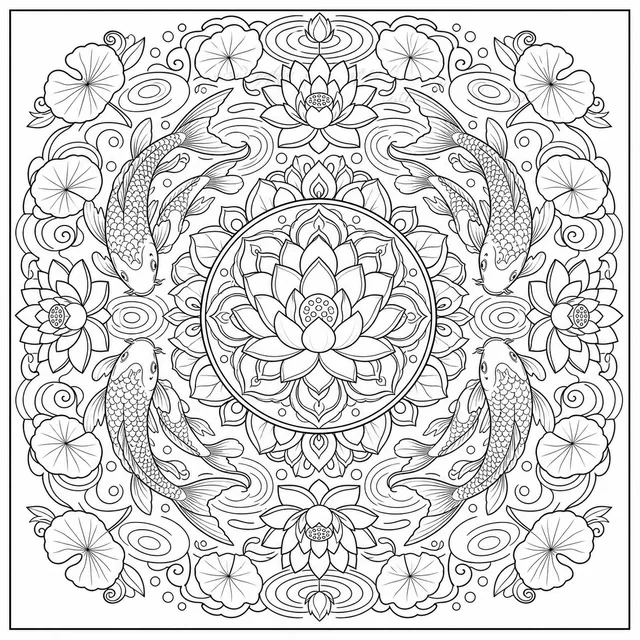 a lotus pond mandala with koi and ripples coloring page