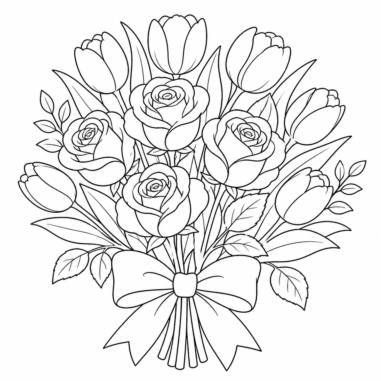 a bouquet of tulips and roses tied with a bow coloring page