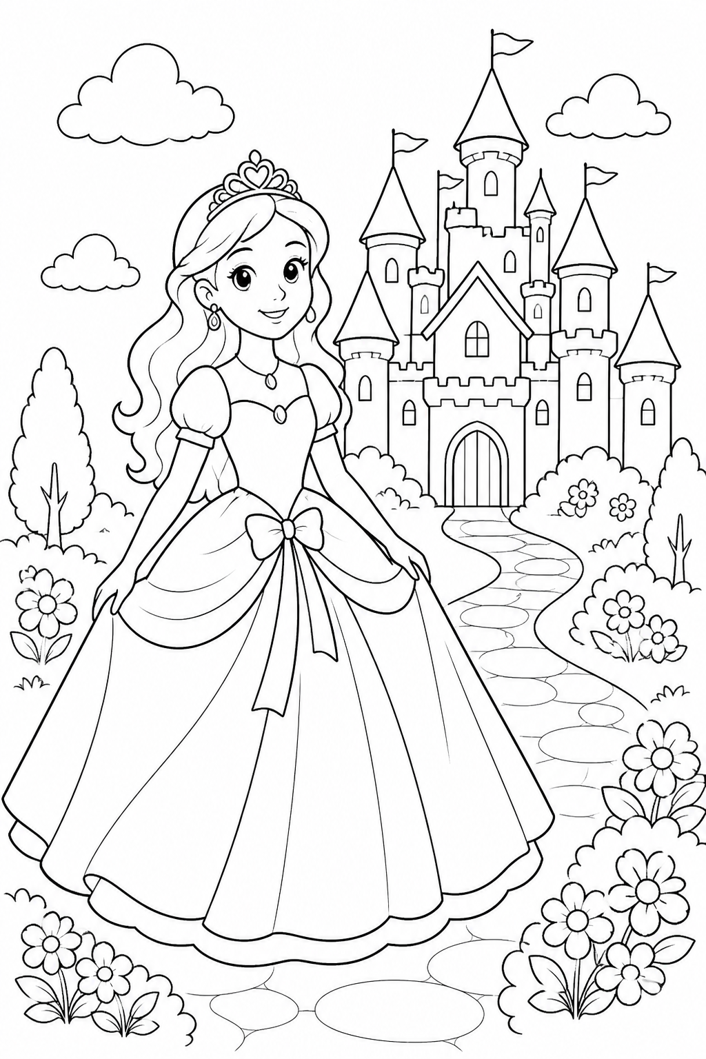 a princess in a ball gown at a castle coloring page