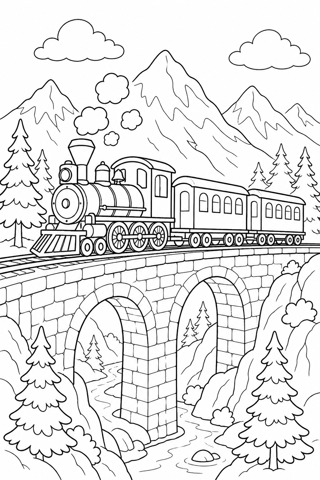 a steam train crossing a mountain bridge coloring page