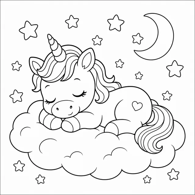a baby unicorn sleeping on a fluffy cloud coloring page