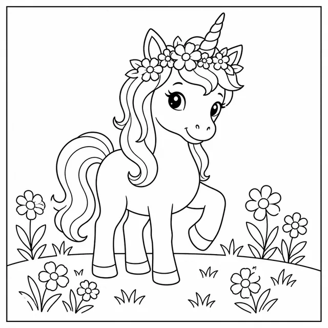 a unicorn with a flower crown in a meadow coloring page