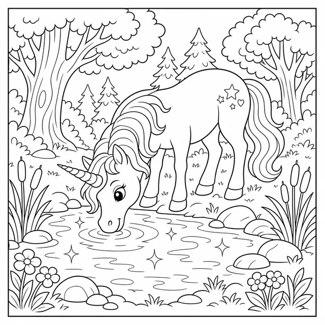 a unicorn drinking from a sparkling forest pond coloring page