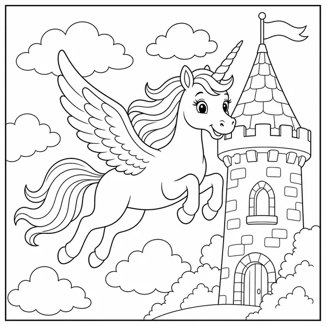 a winged unicorn flying past a castle tower coloring page
