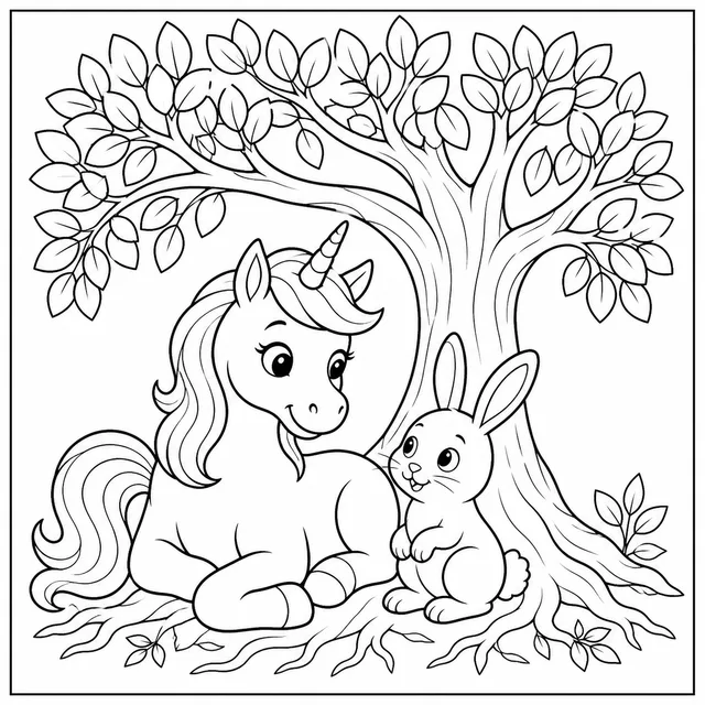 a unicorn and a rabbit sitting under a tree coloring page