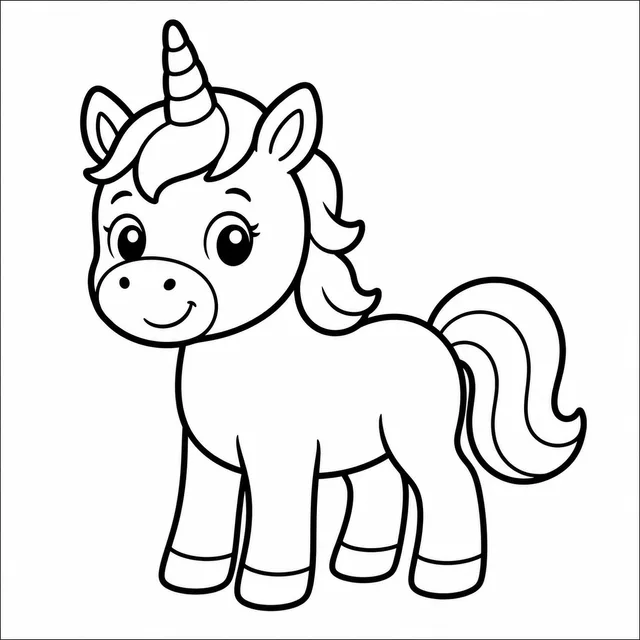 one big unicorn with a short mane and smile coloring page