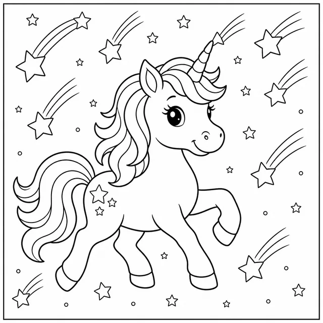 a unicorn prancing through falling stars coloring page