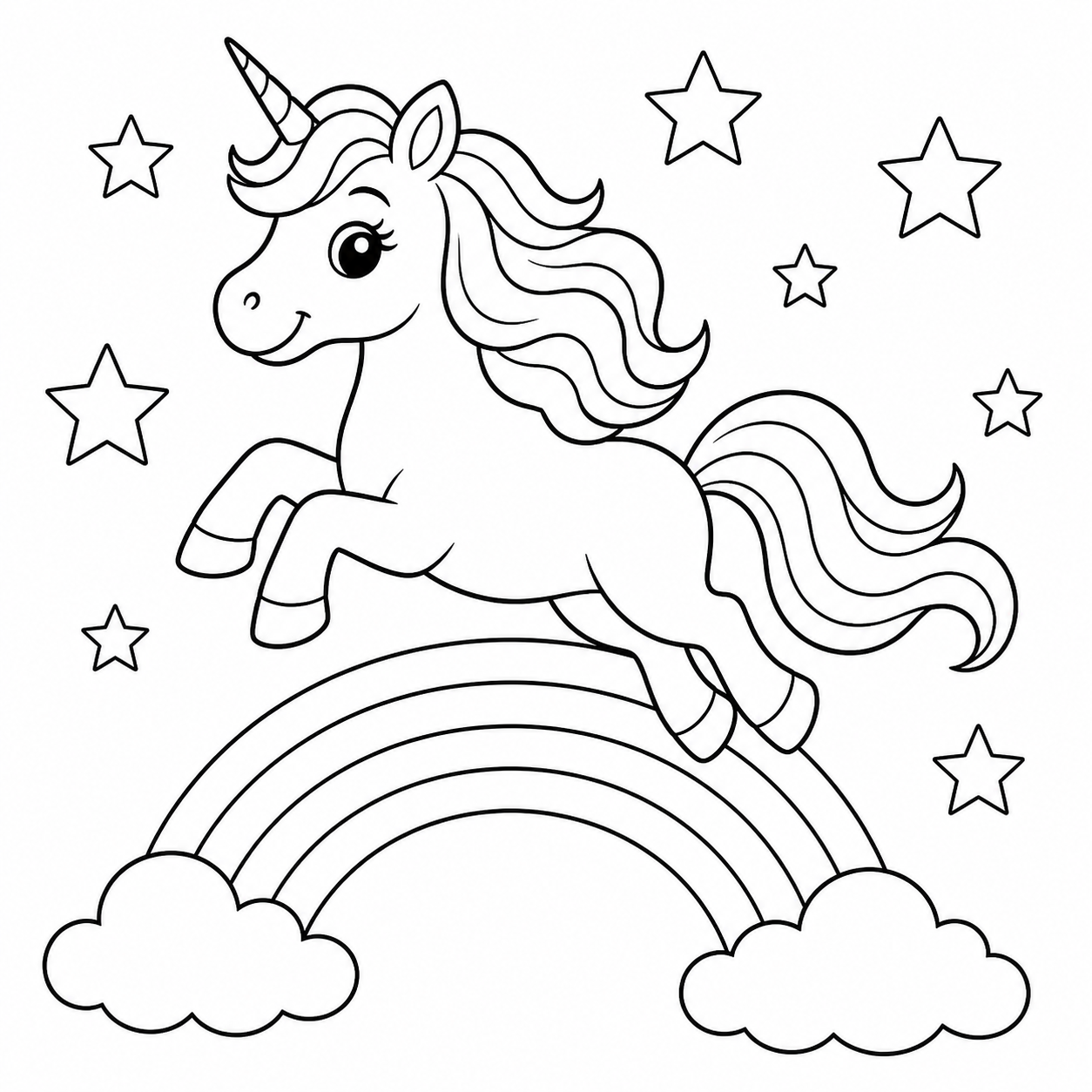 a unicorn jumping over a rainbow with stars coloring page
